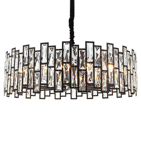 Beveled Crystal Pendant Light - Drum Shape Minimalist Black Chandelier For Living Room / 33.5