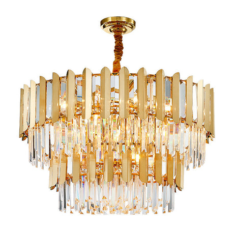 Gold Prismatic Crystal Drum Ceiling Light - Postmodern Chandelier Fixture / 2 Tiers 39.5