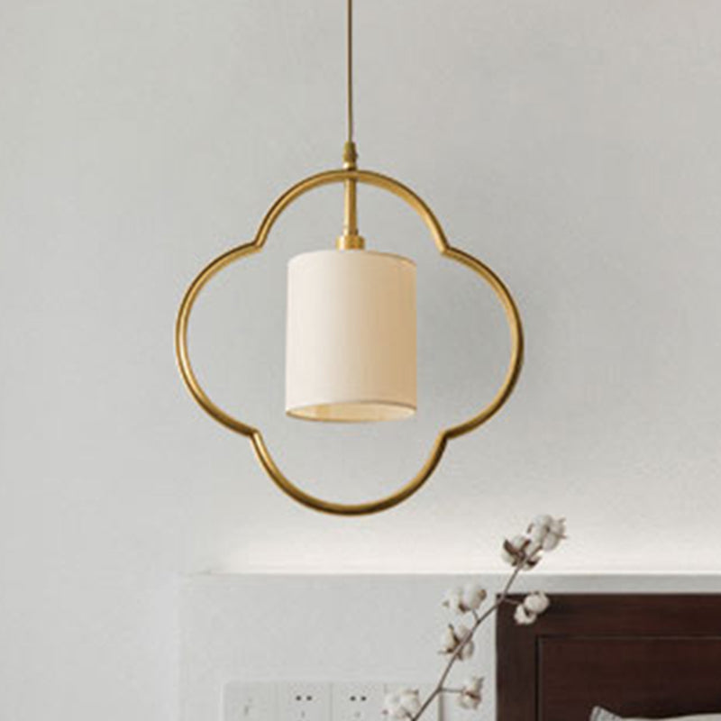 Traditional Gold Cylinder Pendant Ceiling Light With Fabric Shade - 1 Hanging Lamp For Living Room