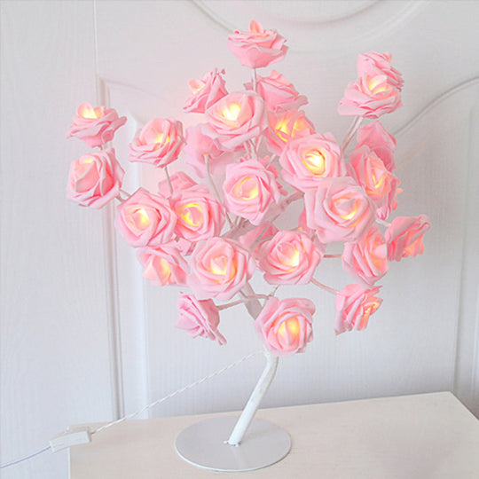 Tree Branch Usb Table Lamp With Led Nightstand Light And Decorative Rose For Bedroom Decor Pink /