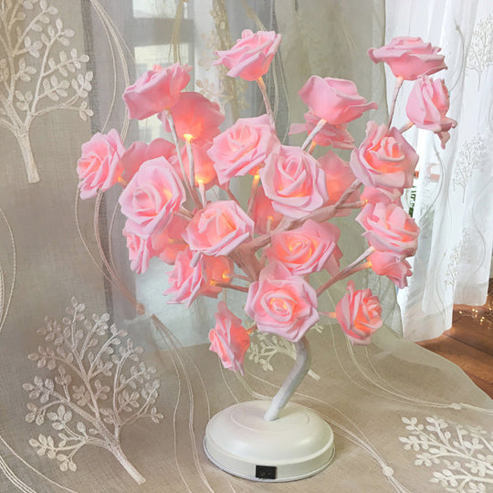 Tree Branch Usb Table Lamp With Led Nightstand Light And Decorative Rose For Bedroom Decor Pink /