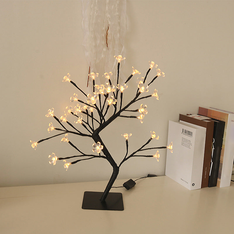 Metallic Tree Branch Led Table Lamp Black Usb Nightstand Light With Plastic Flower Décor - Modern