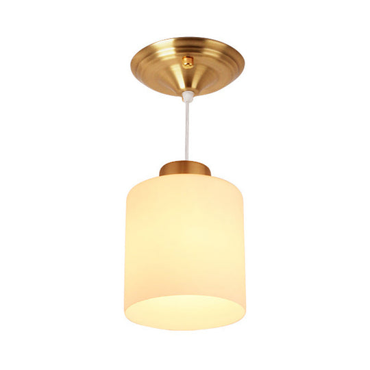 Gold Cylinder Ceiling Light With Traditional White Glass - 1 Pendant Lighting Fixture For Corridor