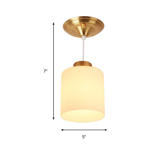 Gold Cylinder Ceiling Light With Traditional White Glass - 1 Pendant Lighting Fixture For Corridor