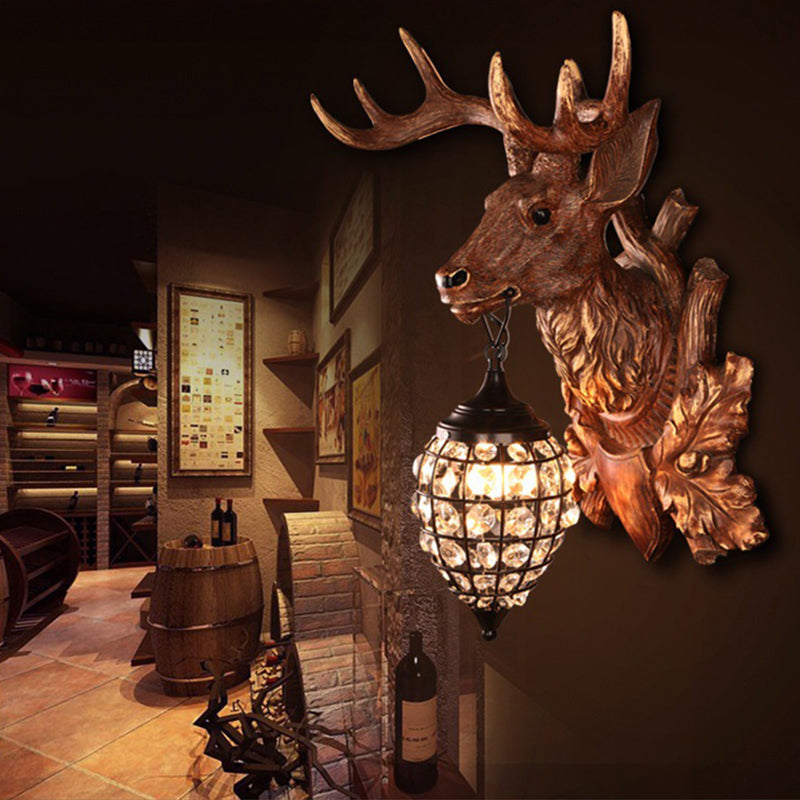 Rustic Resin Deer Head Bistro Wall Sconce: Single Mount Light With Crystal Oval Shade