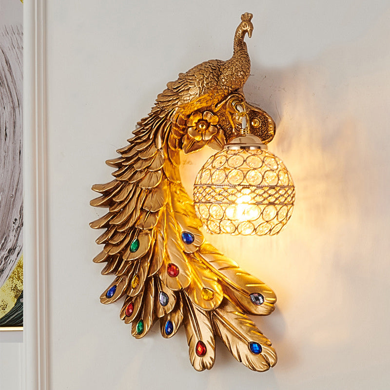 Farmhouse Resin Peacock Wall Sconce With Crystal Hemisphere Shade & 1 Bulb
