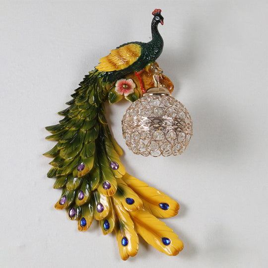 Farmhouse Resin Peacock Wall Sconce With Crystal Hemisphere Shade & 1 Bulb Multi-Color / Left
