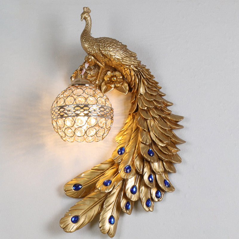 Farmhouse Resin Peacock Wall Sconce With Crystal Hemisphere Shade & 1 Bulb Gold / Right