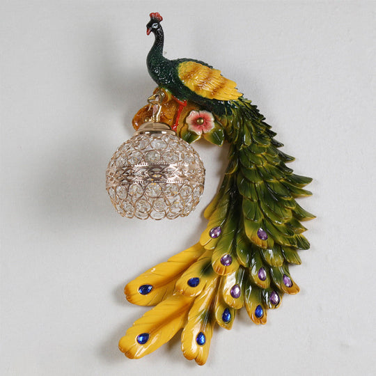 Farmhouse Resin Peacock Wall Sconce With Crystal Hemisphere Shade & 1 Bulb Multi-Color / Right