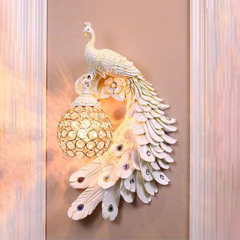 Farm Style Peacock Wall Lamp With Dome Crystal Shade - Resin Sconce Lighting White / Right