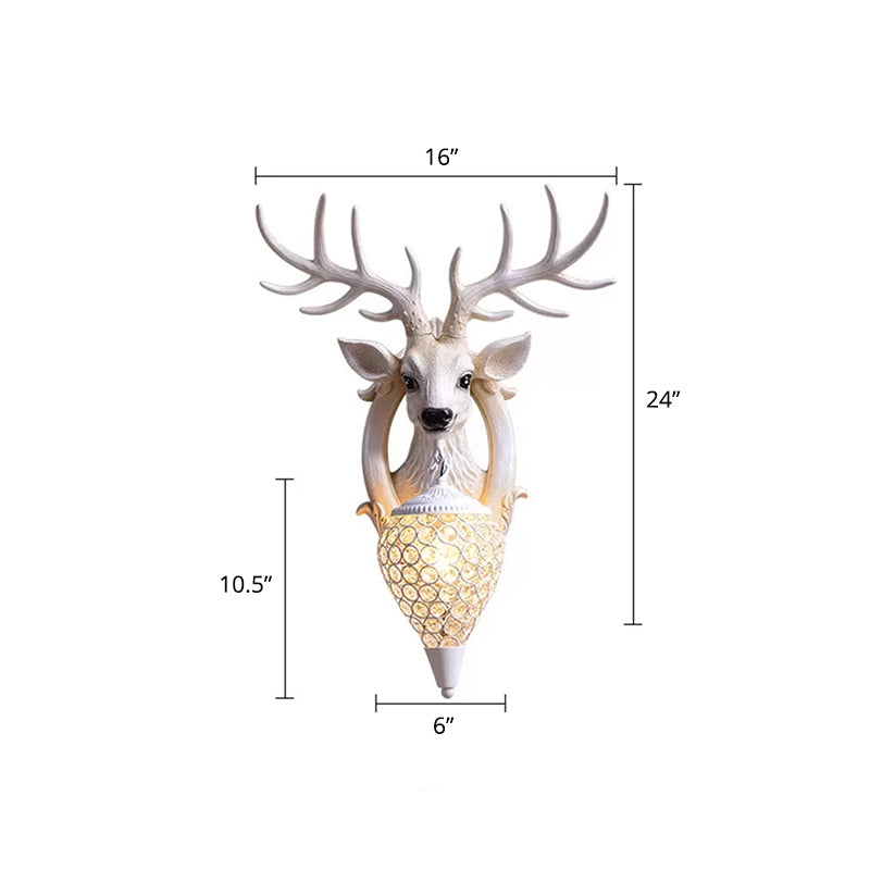 Deer Head Wall Light Fixture: Resin Sconce With Crystal Shade