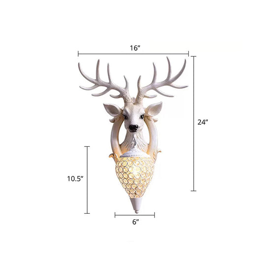 Deer Head Wall Light Fixture: Resin Sconce With Crystal Shade
