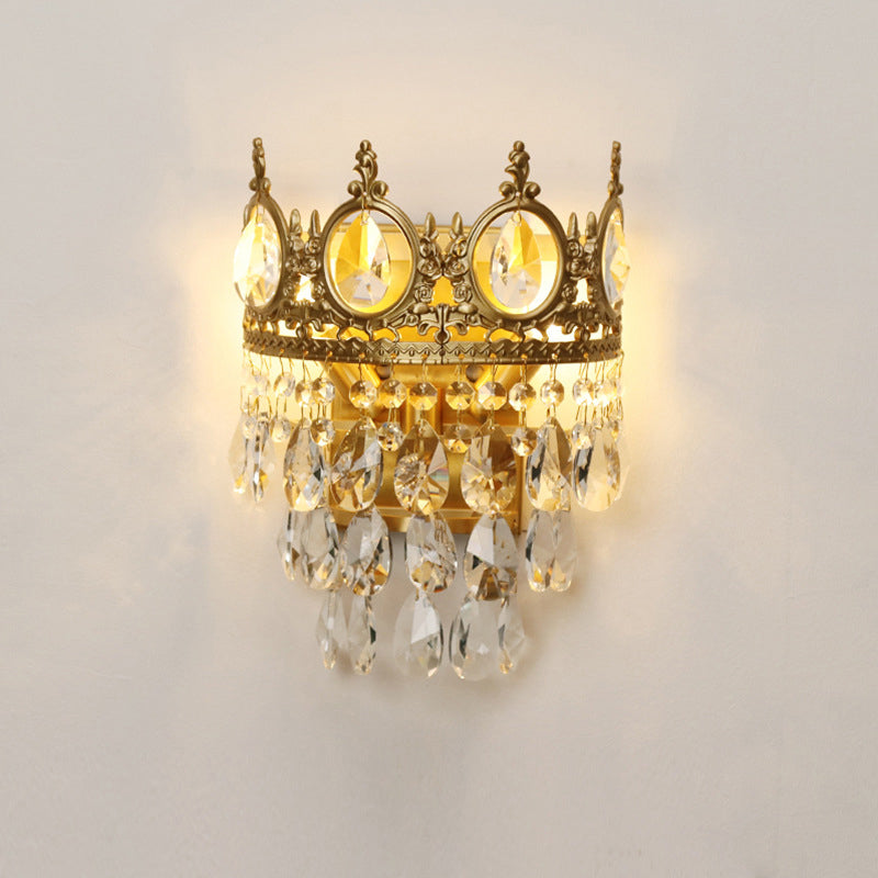 Antique Gold Crown Living Room Wall Light With Teardrop Crystal Accents - 3-Bulb Metal Sconce