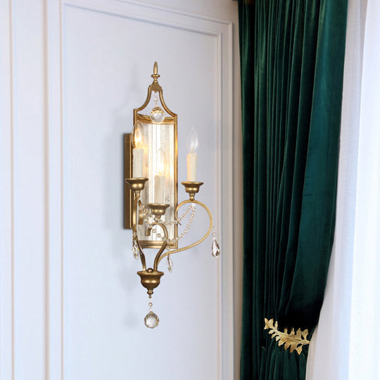 French Country Candle Sconce Lamp 3-Light Metallic Wall In Gold With Crystal Decoration