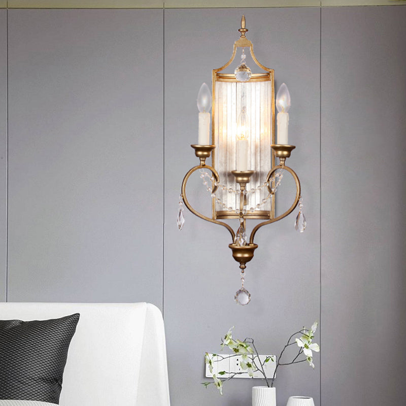 French Country Candle Sconce Lamp 3-Light Metallic Wall In Gold With Crystal Decoration