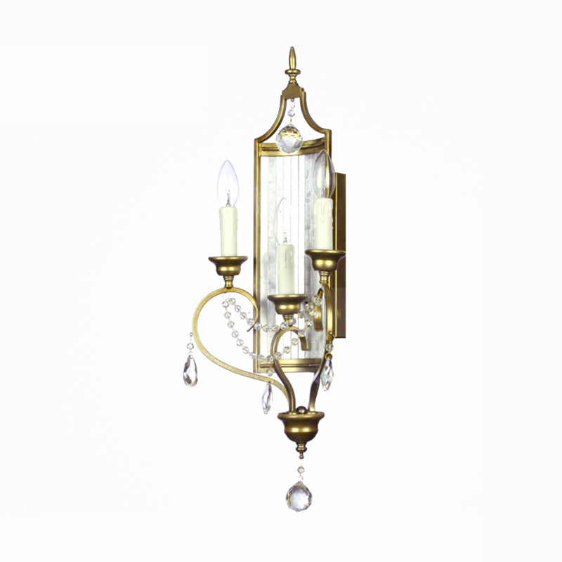 French Country Candle Sconce Lamp 3-Light Metallic Wall In Gold With Crystal Decoration