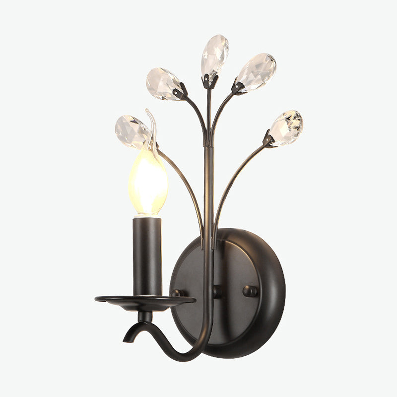 Farmhouse Black Metal Wall Light - Single-Bulb Candle Sconce With Crystal Twig Accents