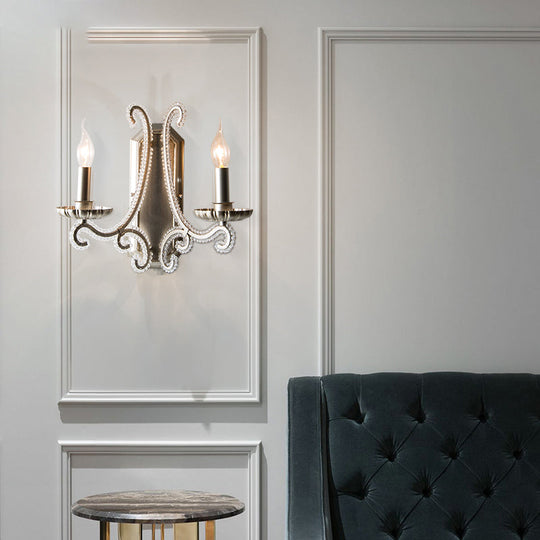 Rustic Metal Wall Mounted Sconce With Crystal Bead Accent - Bedside Candle Light Fixture