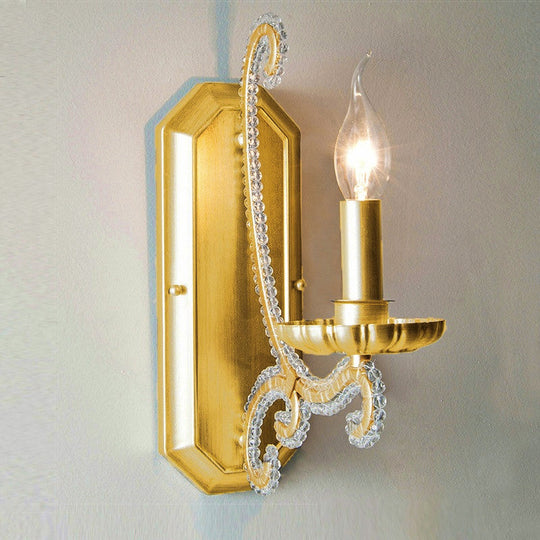 Rustic Metal Wall Mounted Sconce With Crystal Bead Accent - Bedside Candle Light Fixture 1 / Gold