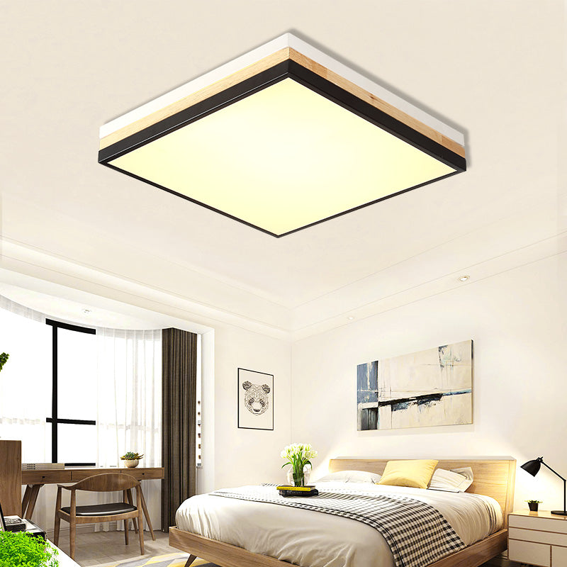 Contemporary Wood Black Led Flush Mount Lamp - Wide Square Design (16’/19.5’/23.5’)