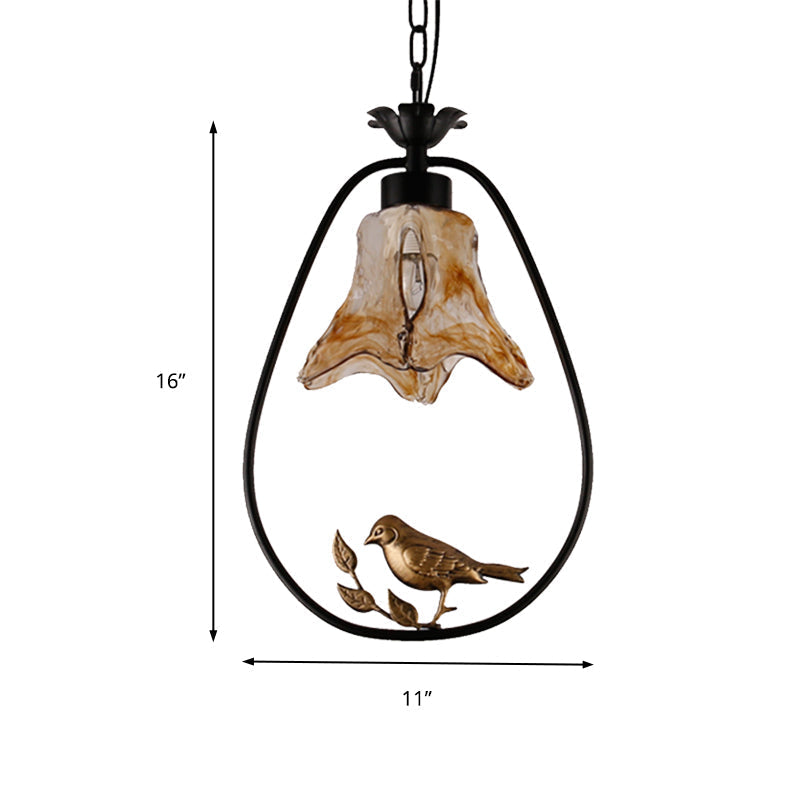 Classic Round/Oval Tan Textured Glass Pendant Light With Bird Accent In Black