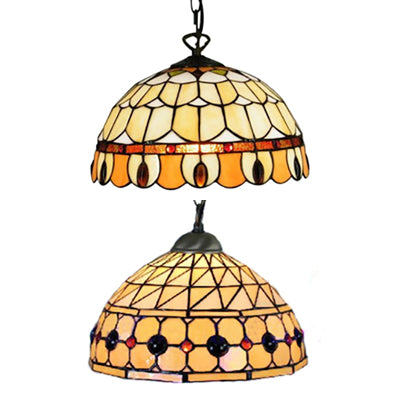 Tiffany Jeweled Pendant Lamp: Circle/Gem Pattern Stained Glass Shade Chain Included Ideal For