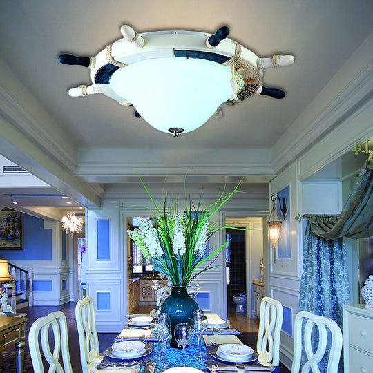 Cartoon Style Rudder Flush Ceiling Light - Led Metal Lamp For Childrens Room White/Blue With Frosted