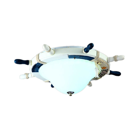 Cartoon Style Rudder Flush Ceiling Light - Led Metal Lamp For Children’s Room White/Blue With