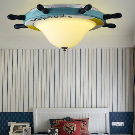 Cartoon Style Rudder Flush Ceiling Light - Led Metal Lamp For Childrens Room White/Blue With Frosted