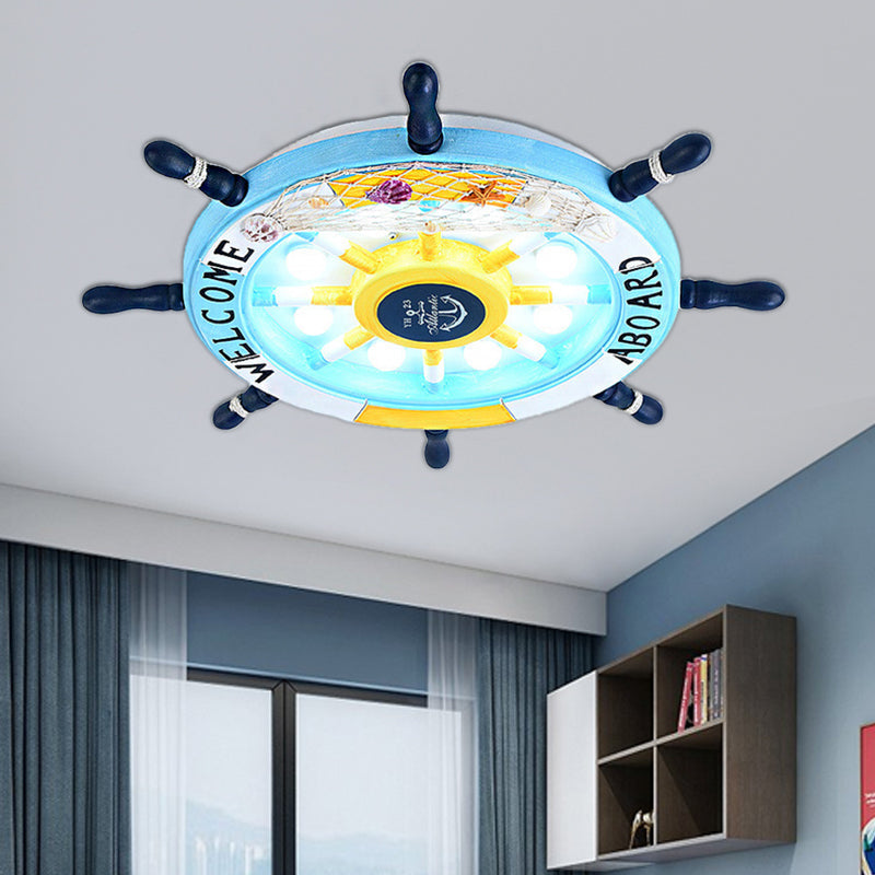 Stylish Wooden Rudder Led Ceiling Light Fixture In Sky Blue/White - Flush Mount Blue