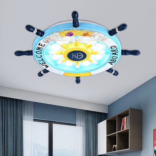 Stylish Wooden Rudder Led Ceiling Light Fixture In Sky Blue/White - Flush Mount Blue