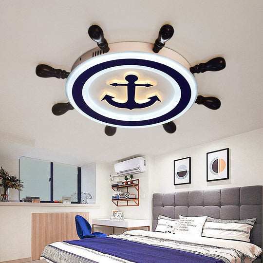 Cartoon Style Blue Round Led Flush Mount Light Fixture With Wood And Acrylic Accents Rudder Design