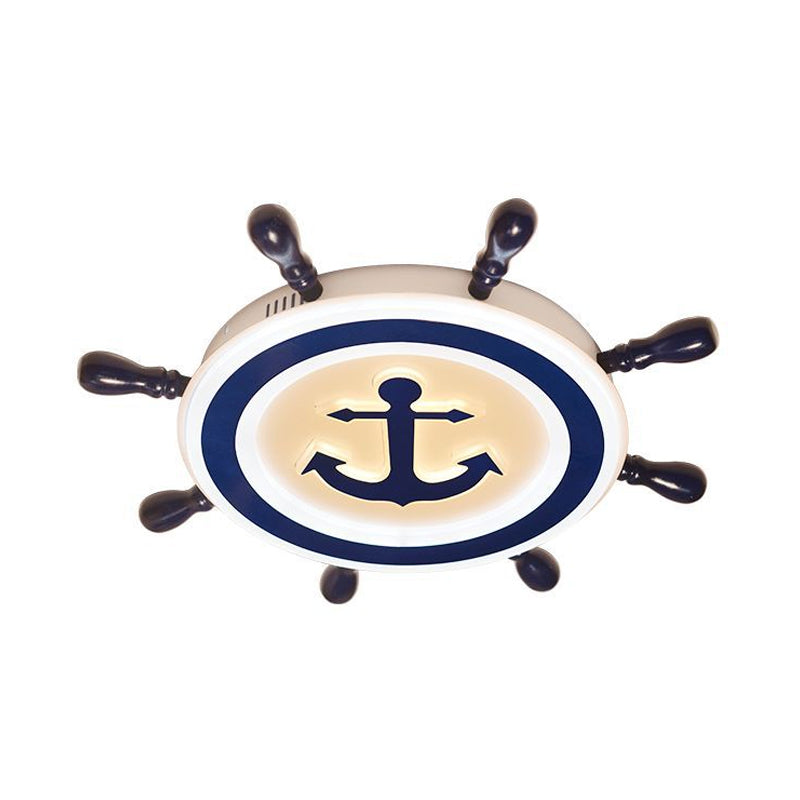 Cartoon Style Blue Round Led Flush Mount Light Fixture With Wood And Acrylic Accents Rudder Design