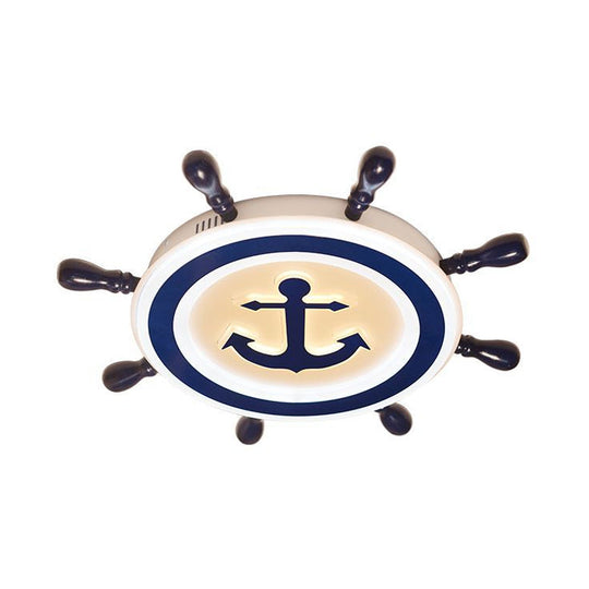Cartoon Style Blue Round Led Flush Mount Light Fixture With Wood And Acrylic Accents Rudder Design