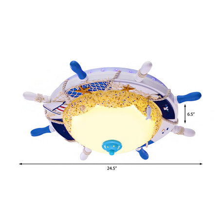 Contemporary Led Metal Flush Mount Lamp For Childrens Room - Blue Rudder Shade With Frosted Glass