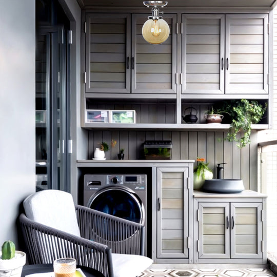 Industrial Chrome Ceiling Mount Light With Clear/Amber Glass Globe For Dining Room