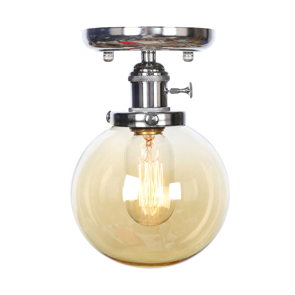 Industrial Chrome Ceiling Mount Light With Clear/Amber Glass Globe For Dining Room