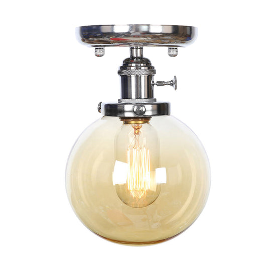 Industrial Chrome Ceiling Mount Light With Clear/Amber Glass Globe For Dining Room