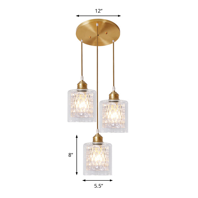 Modern Brass Pendant Light With Prismatic Glass Shade - 3 Lights Cylinder Design