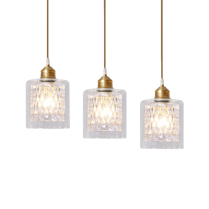 Modern Brass Pendant Light With Prismatic Glass Shade - 3 Lights Cylinder Design