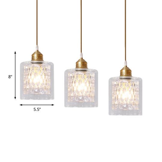 Modern Brass Cylinder Pendant Light With Prismatic Glass Shade - 3 Lights Linear/Round Canopy