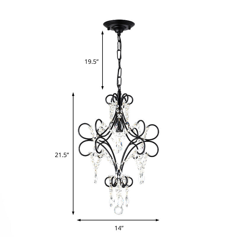 Antique Iron Pendant Light With Black Curve Arm And Crystal Accent - 1 Ceiling Fixture