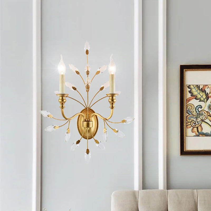 Rustic Brass Branch Wall Mount Light With Crystal Leaf Decoration - 2
