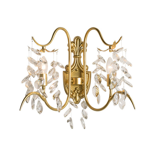 Contemporary Brass Sconce Light With Clear Crystal Strand - Curve Arm Wall (2-Light)