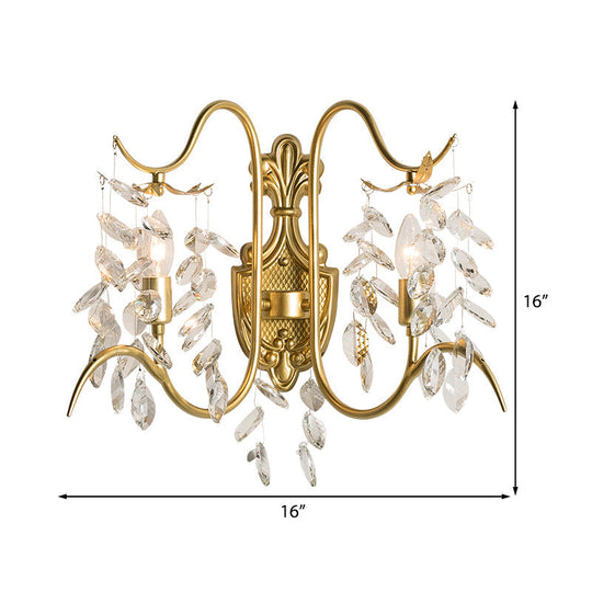 Contemporary Brass Sconce Light With Clear Crystal Strand - Curve Arm Wall (2-Light)
