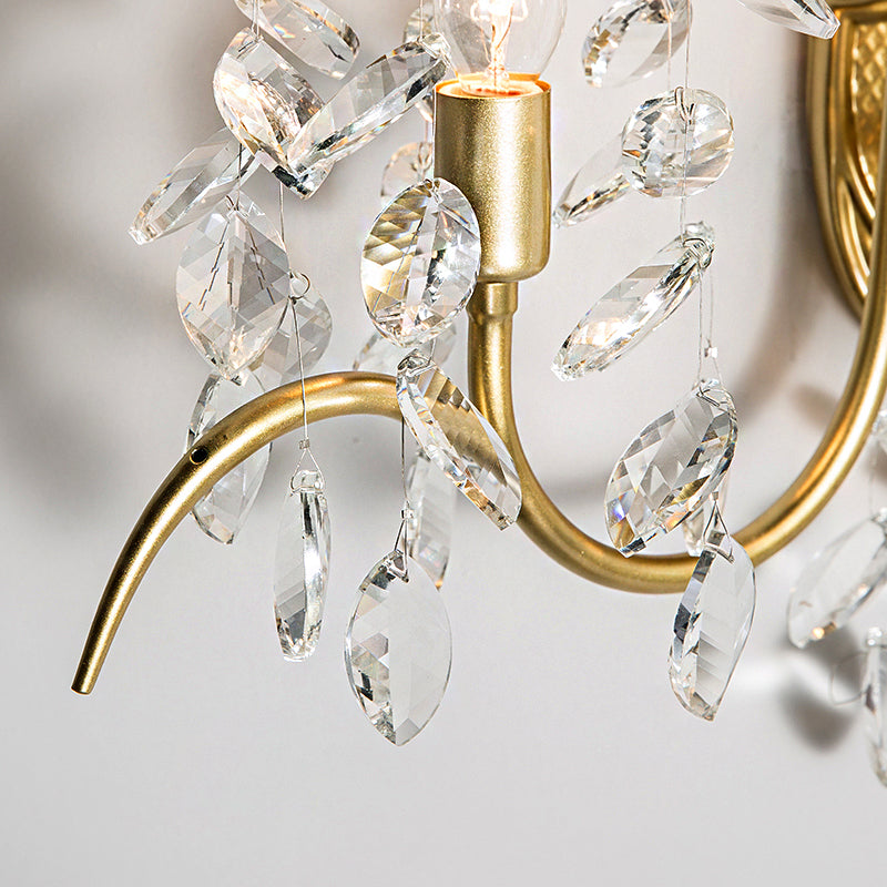 Contemporary Brass Sconce Light With Clear Crystal Strand - Curve Arm Wall (2-Light)