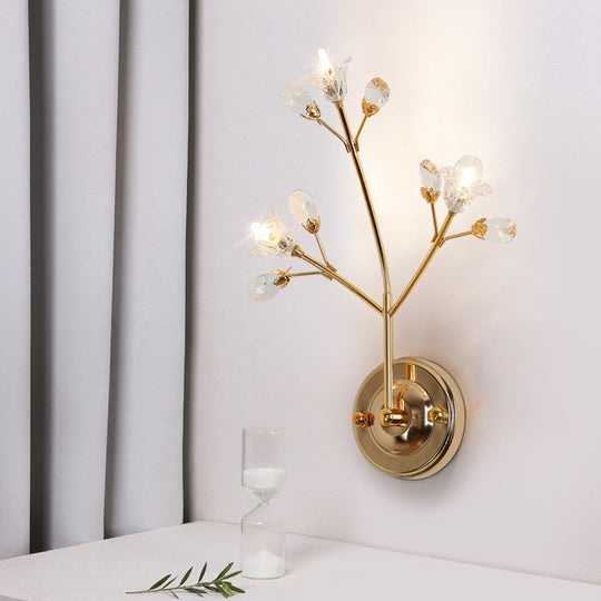 Gold Wall Sconce With Crystal Flowers And Leaves 3 Lights Simple Style