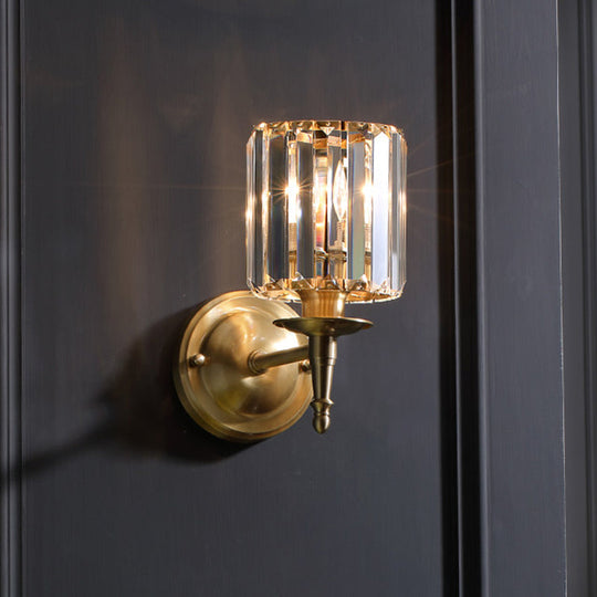 Modern Brass Cylinder Wall Light Sconce With Crystal Shade - 1/2 Lights Metal Mount