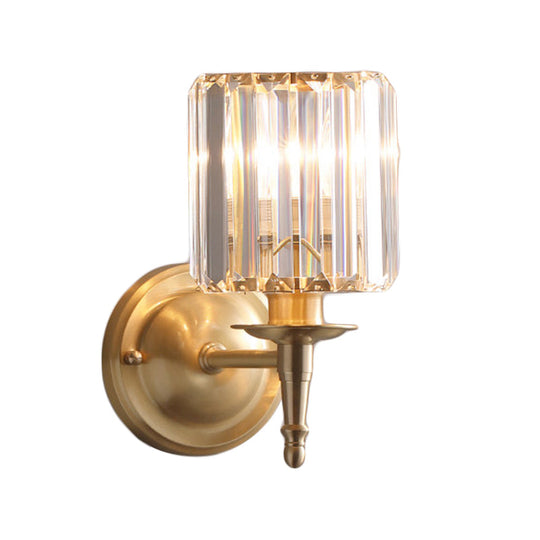 Modern Brass Cylinder Wall Light Sconce With Crystal Shade - 1/2 Lights Metal Mount