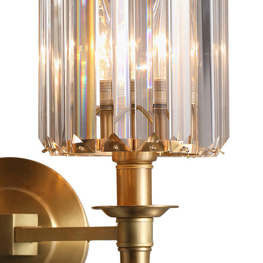 Modern Brass Cylinder Wall Light Sconce With Crystal Shade - 1/2 Lights Metal Mount